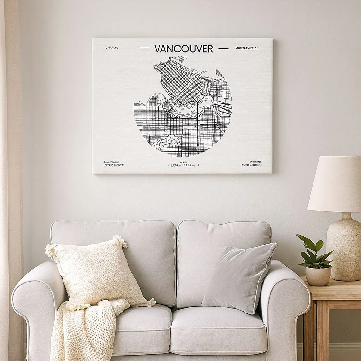 Canvas picture - A map of Vancouver in a minimalist black and white style - 70x50cm - Anatomy of Vancouver - Modern wall decoration for the living room and bedroom ARTTOR
