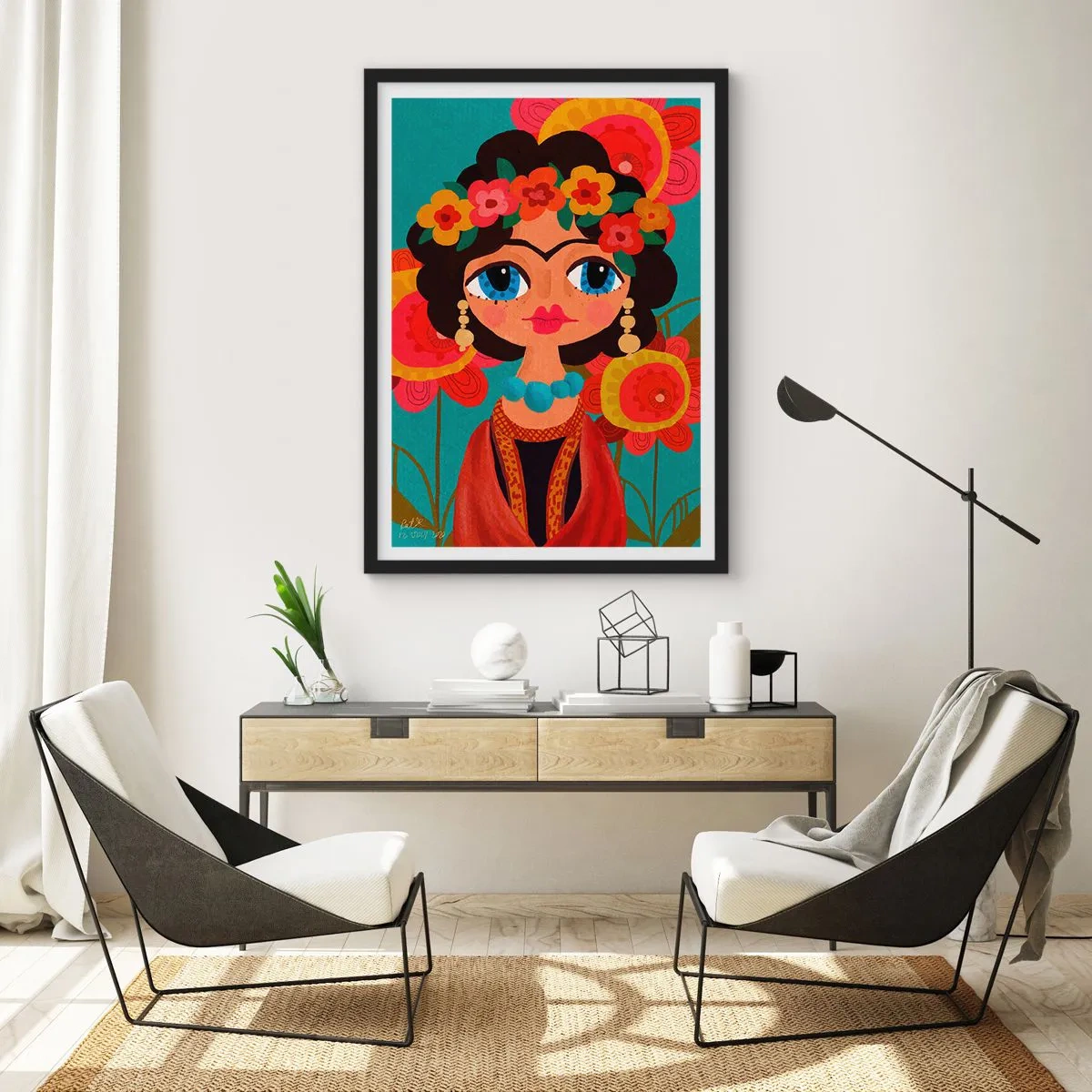 Poster in black frame - Colorful portrait of a woman in folk style and a flower crown - 50x70cm - Poppy Lady - Modern wall decoration for the living room and bedroom ARTTOR