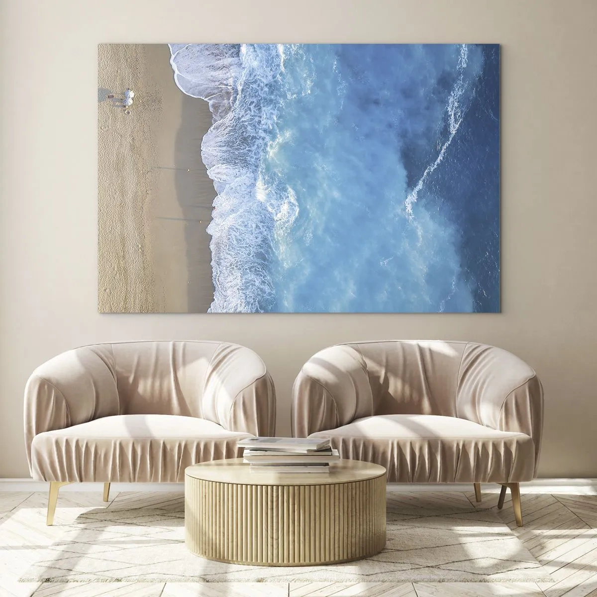 Glass picture - Aerial view of the beach and crashing waves - 70x50cm - Power of the Blue - Modern wall decoration for the living room and bedroom ARTTOR