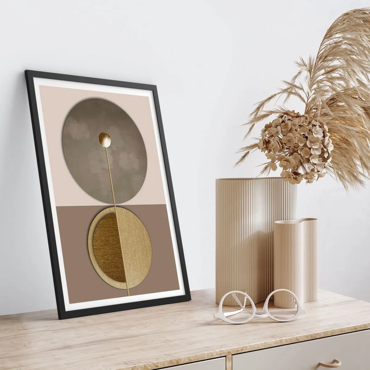Poster in black frame - Modern geometric abstraction in shades of gold and beige - 50x70cm - Perfect Balance - Modern wall decoration for the living room and bedroom ARTTOR