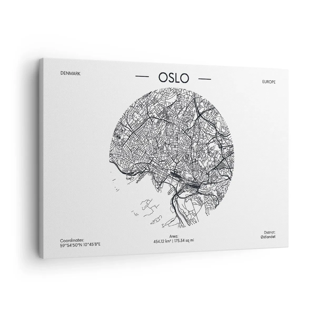 Canvas picture - A map of Oslo in a minimalist black and white style. - 70x50cm - Anatomy of Oslo - Modern wall decoration for the living room and bedroom ARTTOR