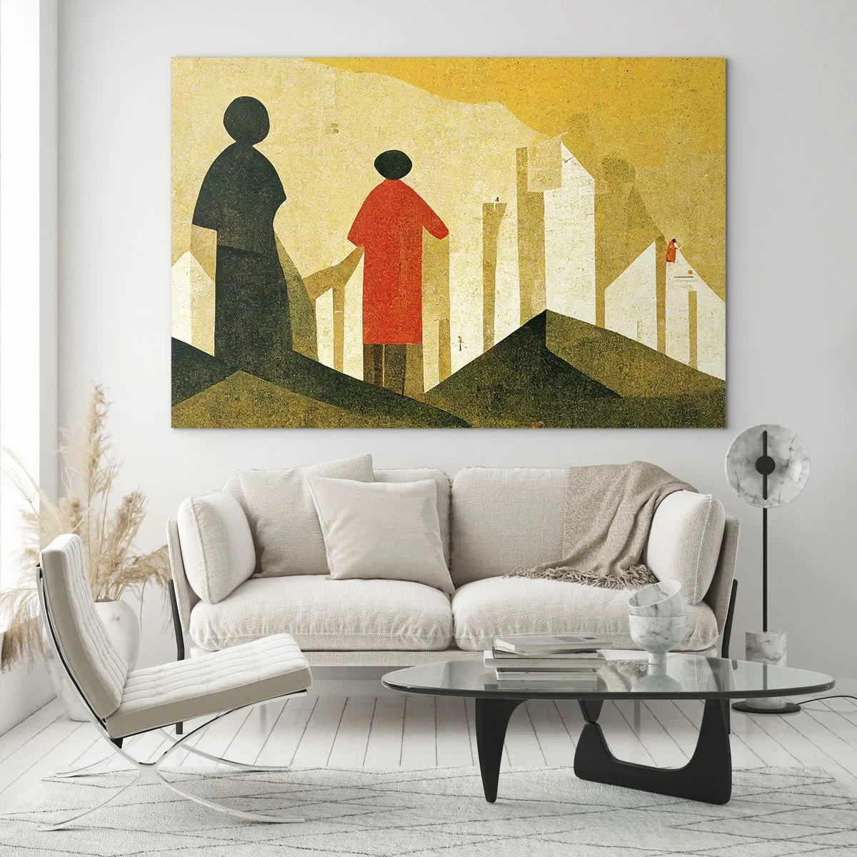 Glass picture - Geometric silhouettes of figures among tall forms against the background of a yellow sky - 70x50cm - Still a Long Way - Modern wall decoration for the living room and bedroom ARTTOR