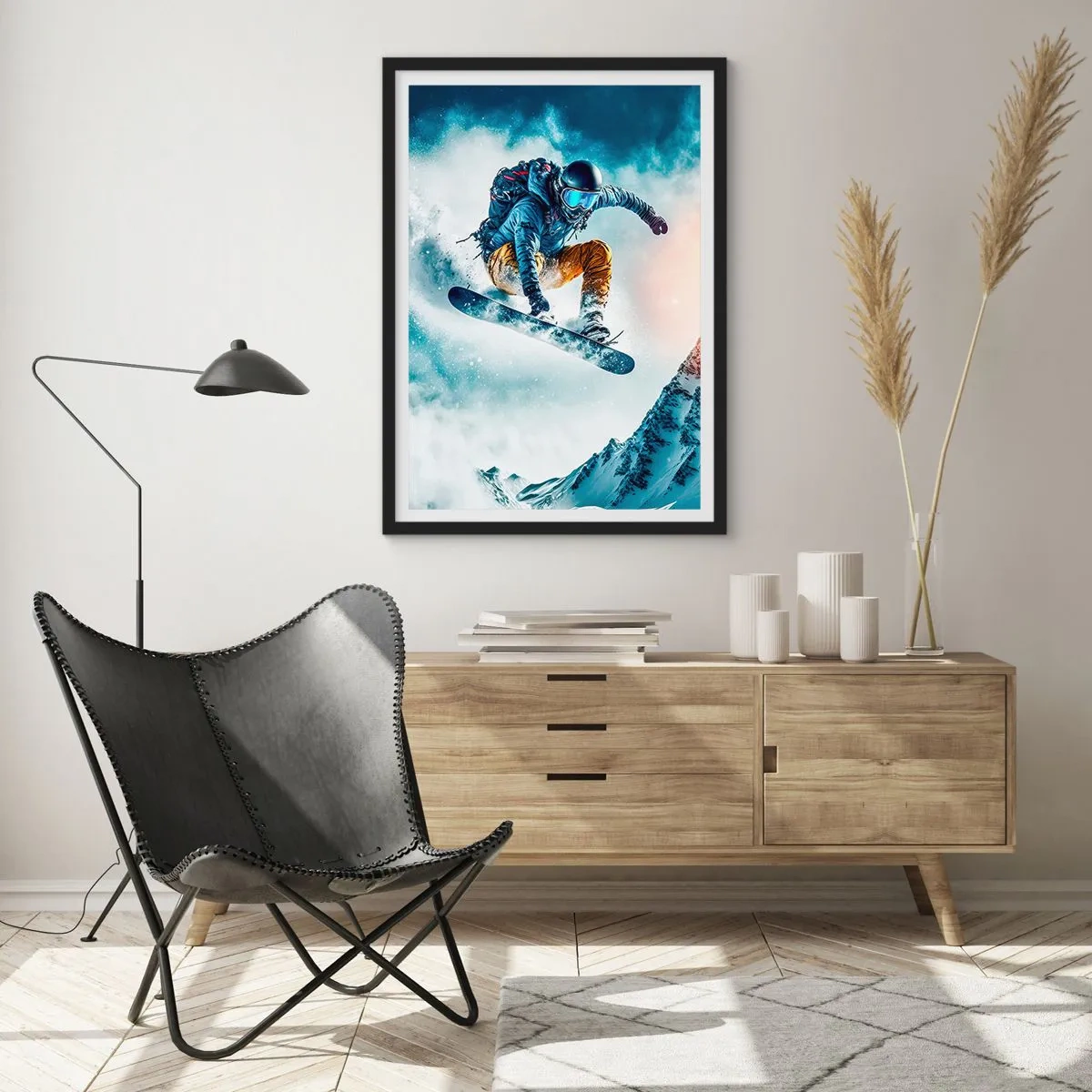 Poster in black frame - A snowboarder flies over a snow-capped mountain peak - 50x70cm - Extreme Emotions - Modern wall decoration for the living room and bedroom ARTTOR