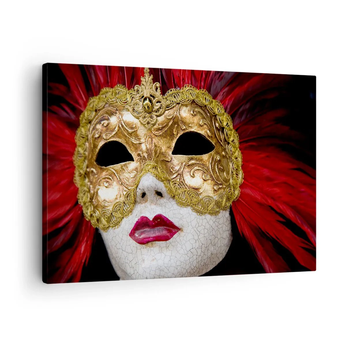 Canvas picture - Gold Venetian mask with red feathers - 70x50cm - Promise Of Carnival Adventure - Modern wall decoration for the living room and bedroom ARTTOR