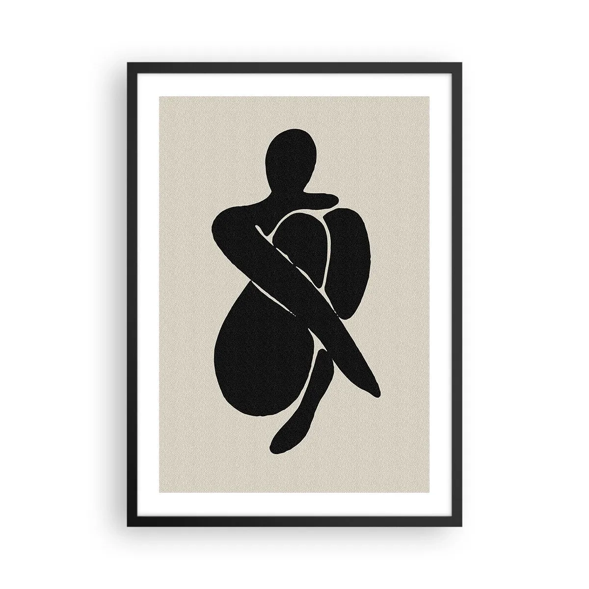 Poster in black frame - Abstract figure in a pose with arms wrapped around the body, black and white illustration - 50x70cm - In Her Own Arms - Modern wall decoration for the living room and bedroom ARTTOR