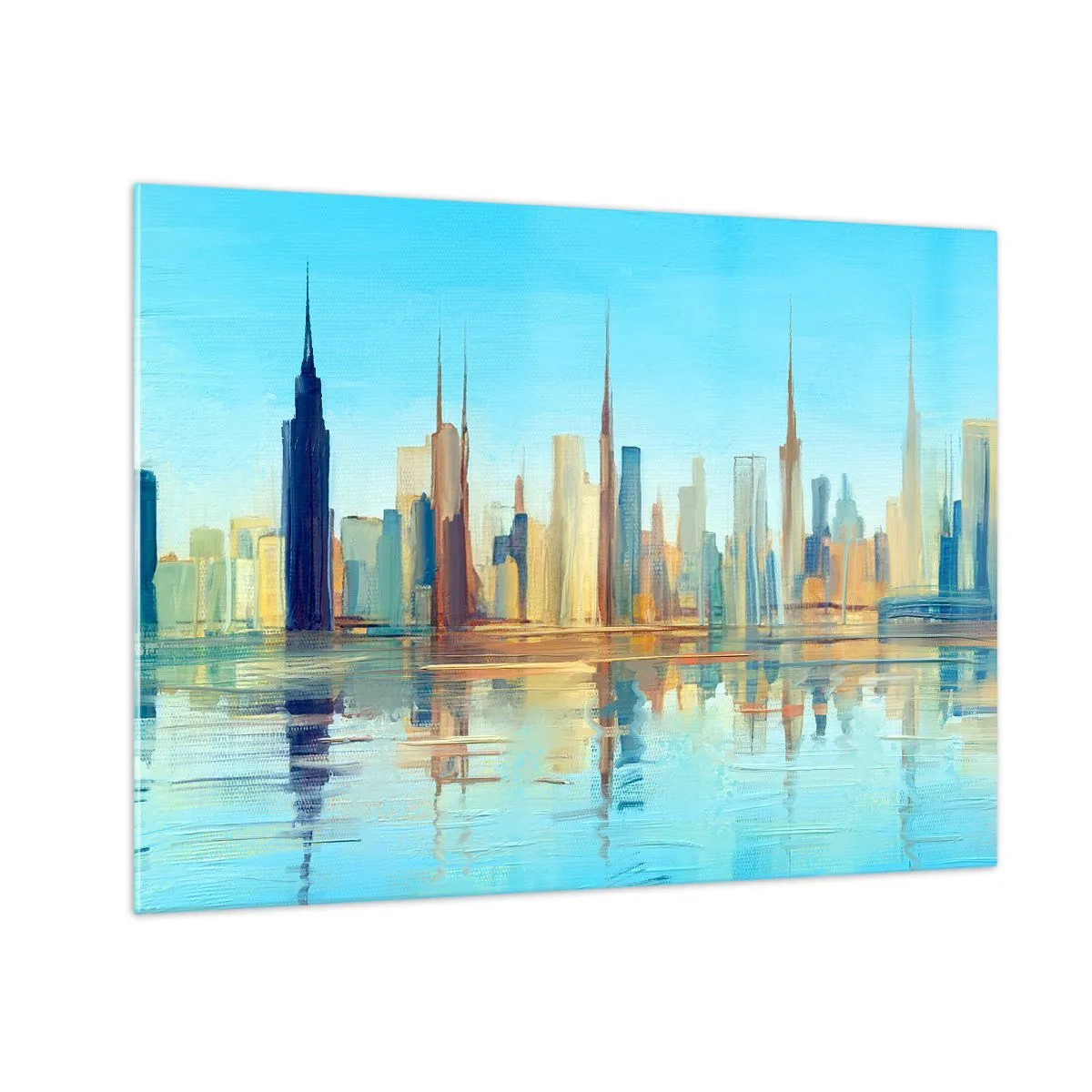 Glass picture - A panorama of the metropolis reflected in the water under a blue sky - 70x50cm - Sunny Metropolis - Modern wall decoration for the living room and bedroom ARTTOR