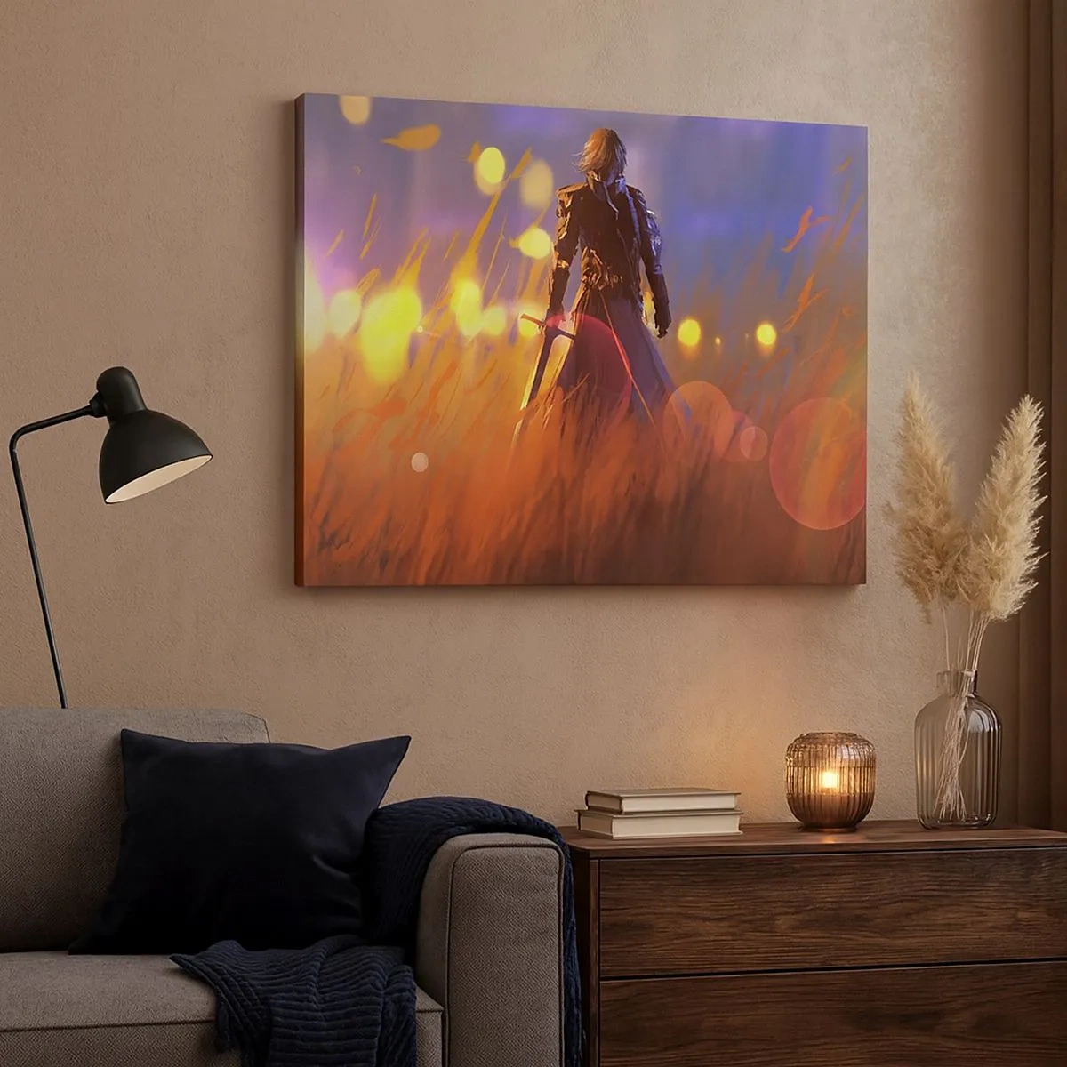 Canvas picture - The figure of a knight in the light of the setting sun in a field - 70x50cm - Knight-errant - Modern wall decoration for the living room and bedroom ARTTOR