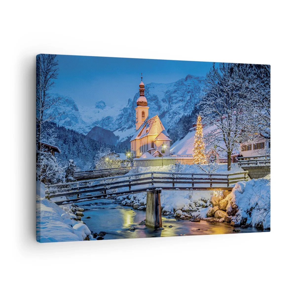 Canvas picture - Winter landscape with a church, bridge, and mountains at dusk - 70x50cm - Spirit of Christmas - Modern wall decoration for the living room and bedroom ARTTOR