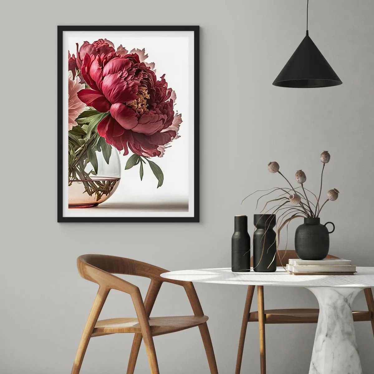 Poster in black frame - Red peonies in a glass vase on a white background - 50x70cm - In Full Bloom of Beauty - Modern wall decoration for the living room and bedroom ARTTOR