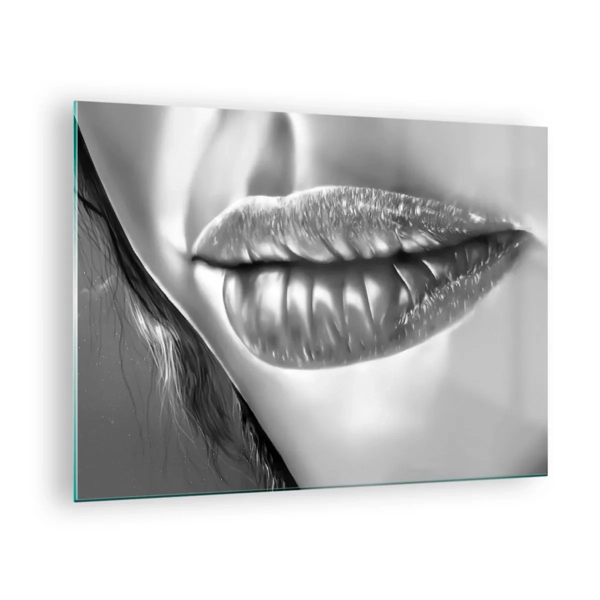 Glass picture - Sensual feminine lips in monochromatic tones - 70x50cm - I Know What You Are Thinking - Modern wall decoration for the living room and bedroom ARTTOR