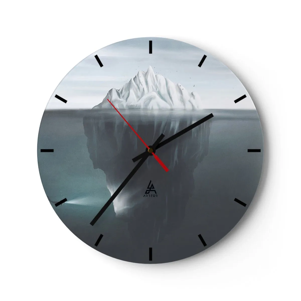 Wall clock - Clock on glass - An iceberg with a visible underwater part in cool tones - 30x30cm - Underwater Secret - Modern wall decoration for the living room, kitchen, and bedroom ARTTOR