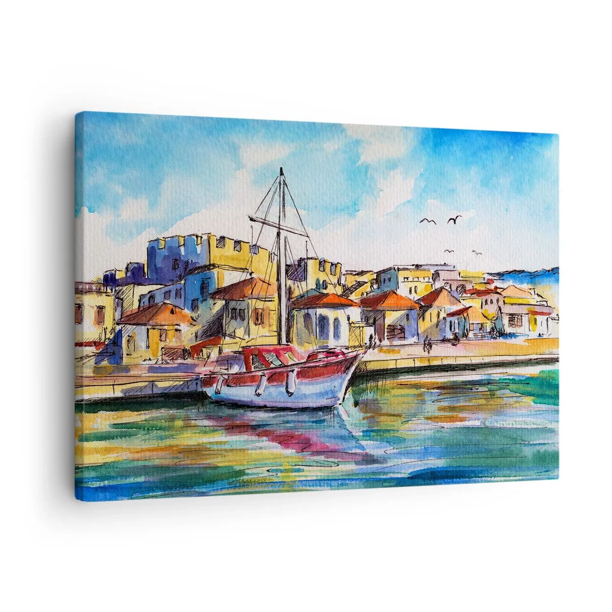 Canvas picture - A picturesque port with a boat and colorful buildings - 70x50cm - Rainbow Afternoon - Modern wall decoration for the living room and bedroom ARTTOR