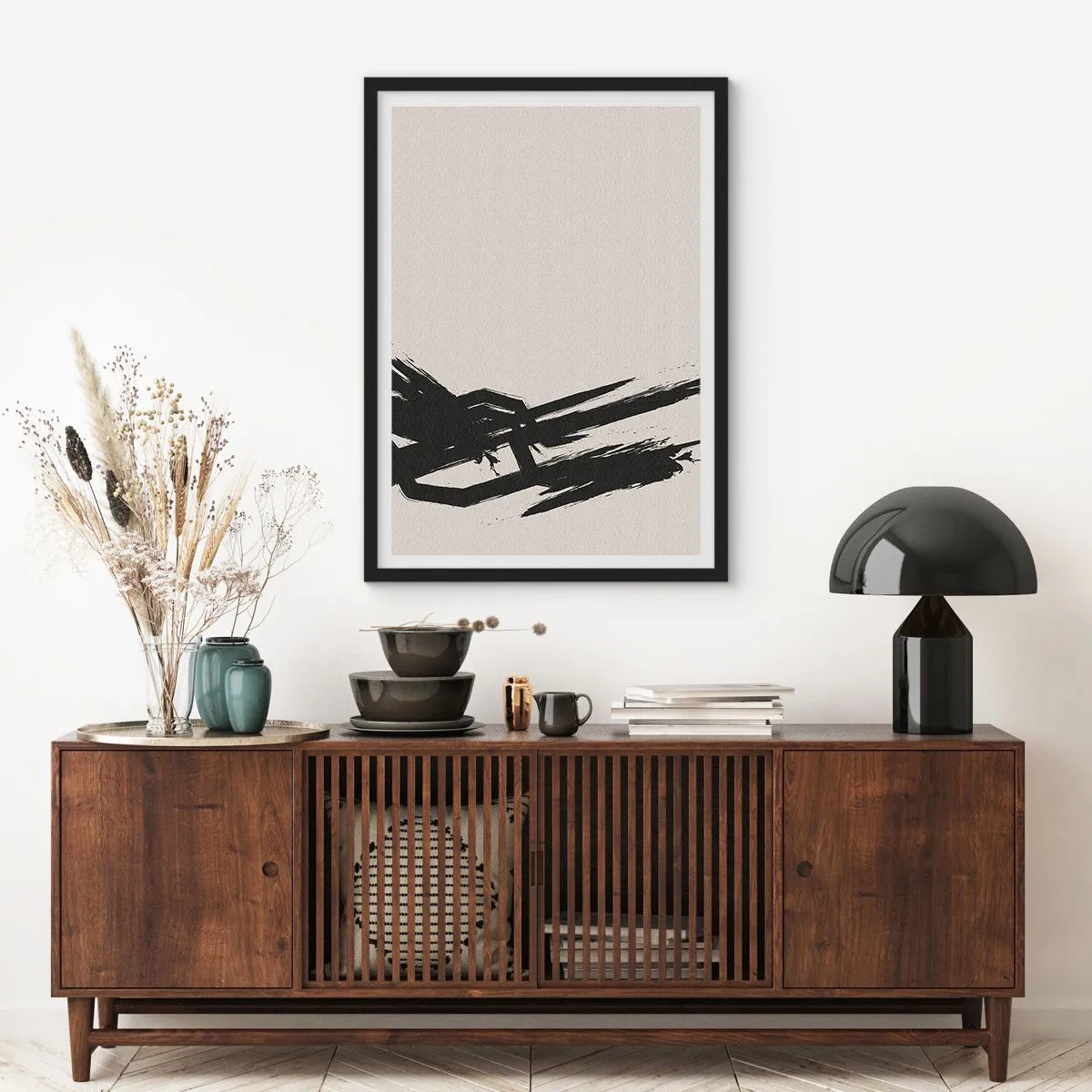 Poster in black frame - Dynamic abstraction with a brushstroke in black - 50x70cm - Uncontrollable Rush - Modern wall decoration for the living room and bedroom ARTTOR