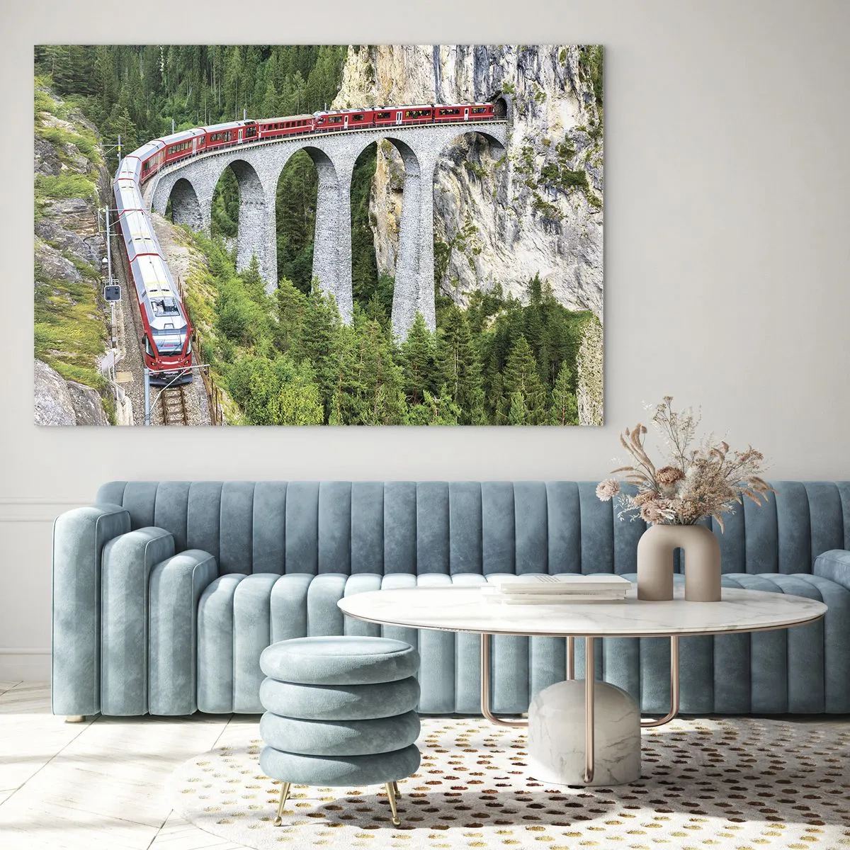 Glass picture - A train with a mountain bridge in the background among green landscapes - 70x50cm - Time for Mountin Views - Modern wall decoration for the living room and bedroom ARTTOR