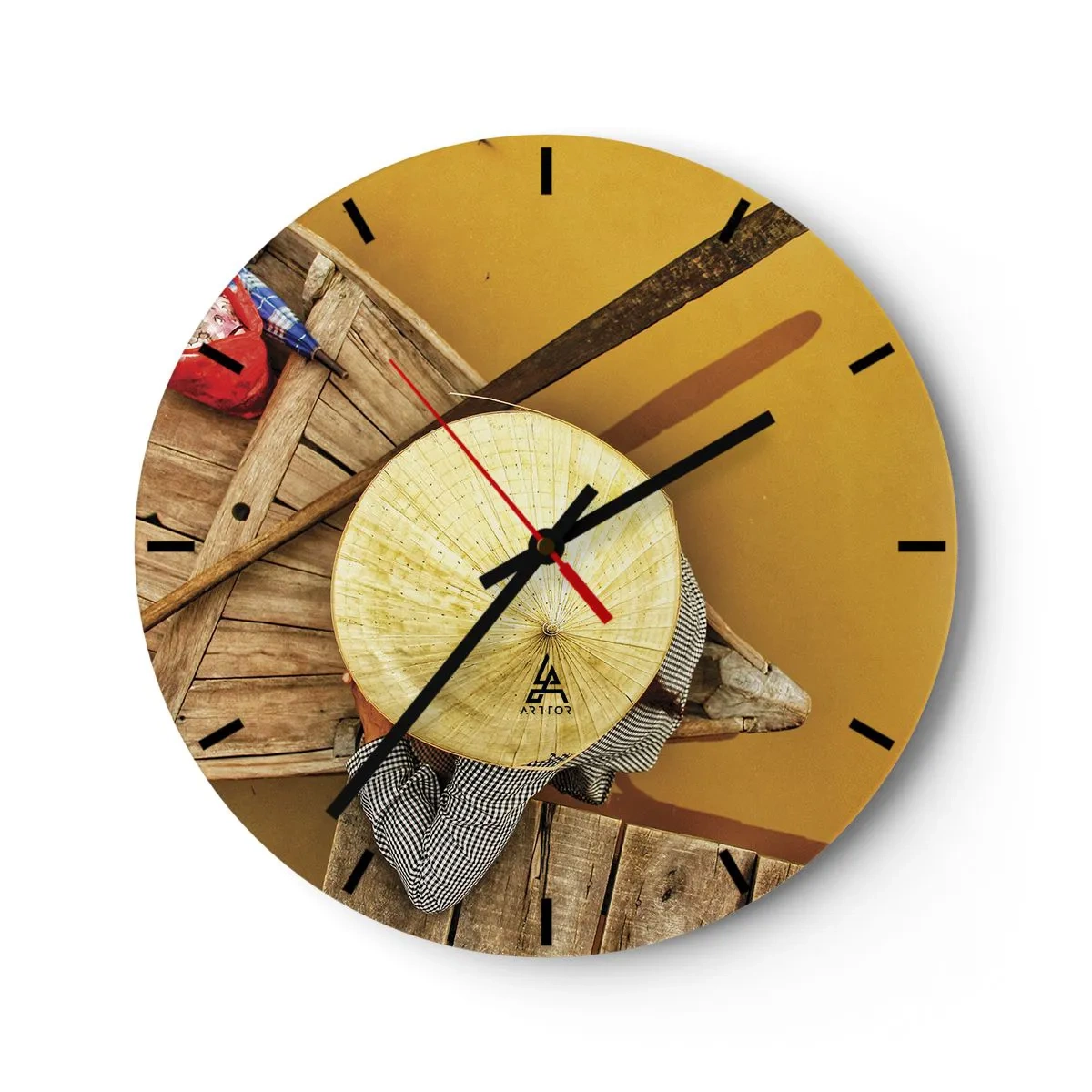 Wall clock - Clock on glass - Person in hat on wooden boat on yellow river - 30x30cm - Life on a Yellow River - Modern wall decoration for the living room, kitchen, and bedroom ARTTOR