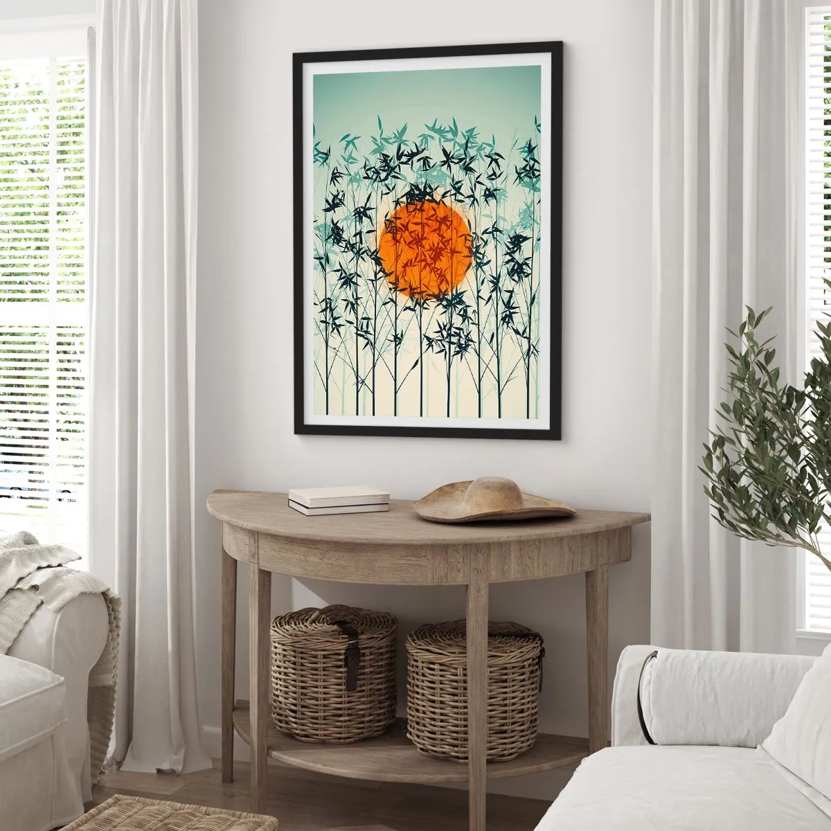 Poster in black frame - The sun behind the bamboo branches - 50x70cm - Japanese Sun - Modern wall decoration for the living room and bedroom ARTTOR