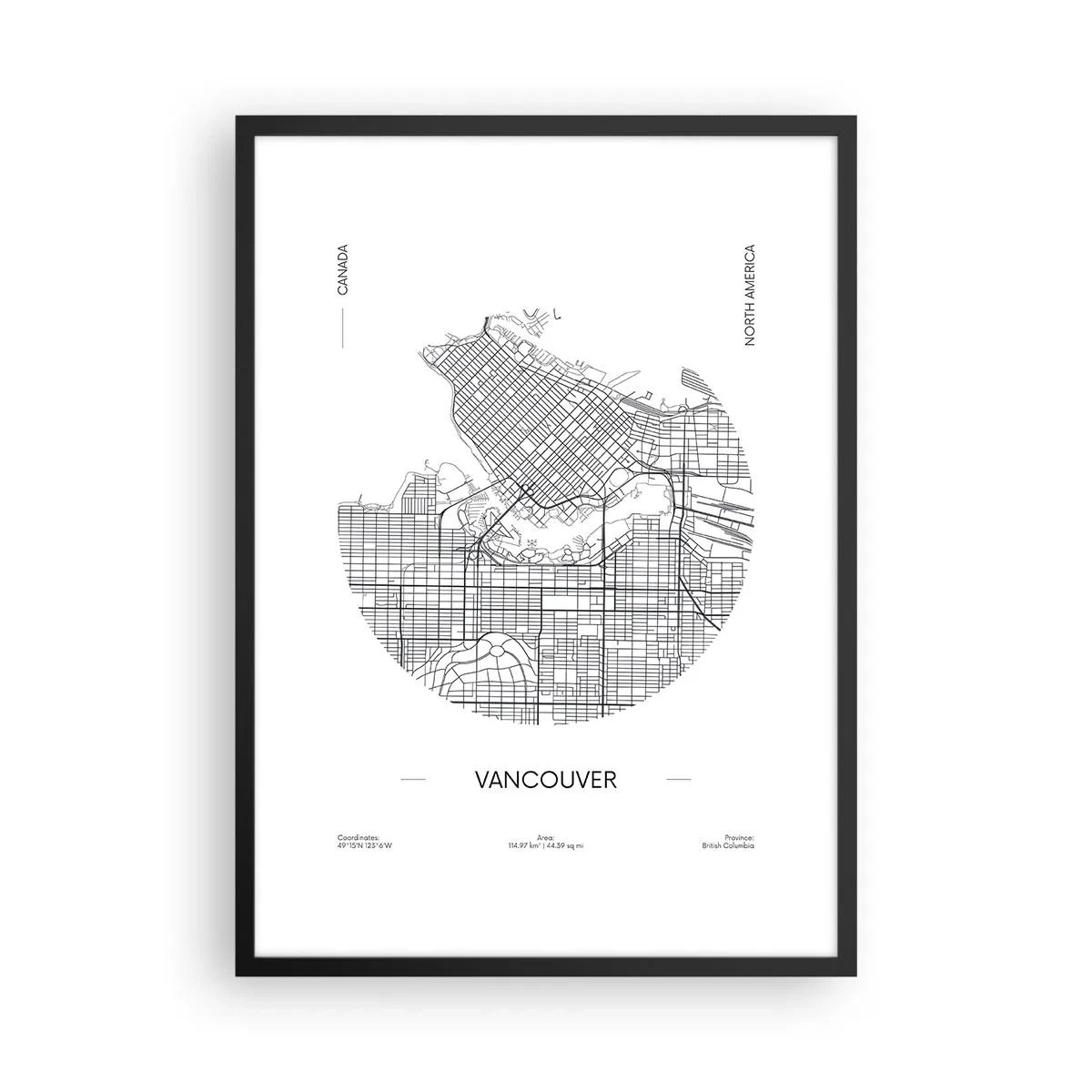 Poster in black frame - A minimalist black and white map of Vancouver - 50x70cm - Anatomy of Vancouver - Modern wall decoration for the living room and bedroom ARTTOR