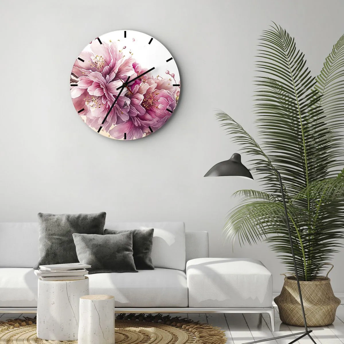 Wall clock - Clock on glass - Blooming pink cherry blossoms on a white background in an artistic style - 30x30cm - Land of Cherry Blossoms - Modern wall decoration for the living room, kitchen, and bedroom ARTTOR