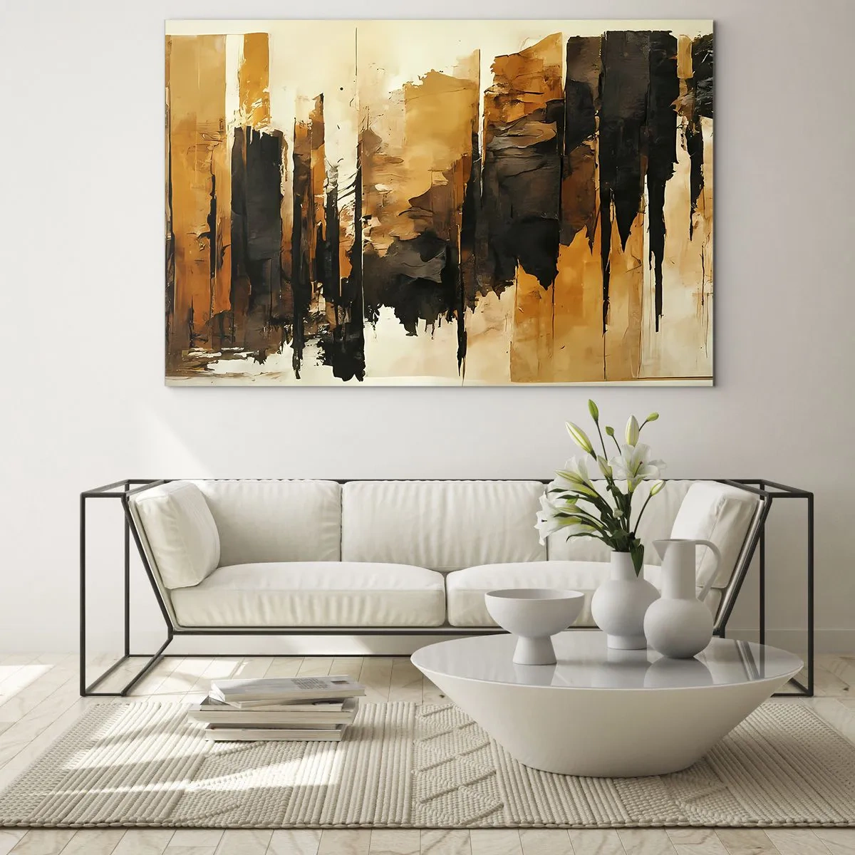 Glass picture - Golden-brown abstraction with vertical structures - 70x50cm - Harmony of Black and Gold - Modern wall decoration for the living room and bedroom ARTTOR