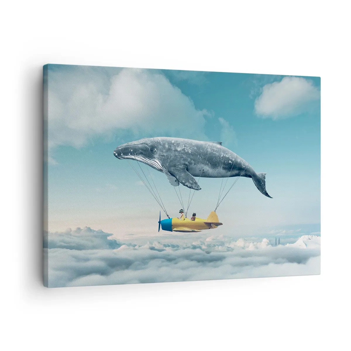 Canvas picture - A flying whale carries a plane in a surreal setting. - 70x50cm - Why Not? - Modern wall decoration for the living room and bedroom ARTTOR