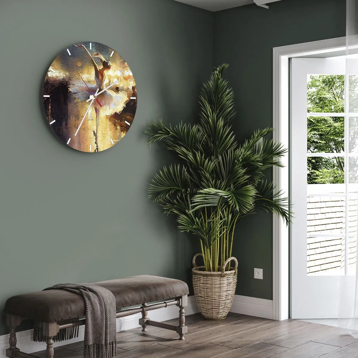 Wall clock - Clock on glass - A dancer in a white dress captured in dynamic movement - 30x30cm - Miracle on the Street - Modern wall decoration for the living room, kitchen, and bedroom ARTTOR