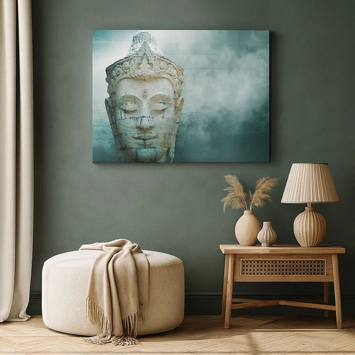 Canvas picture - Buddha statue with a gentle mist against a green background - 70x50cm - In Search of Light - Modern wall decoration for the living room and bedroom ARTTOR