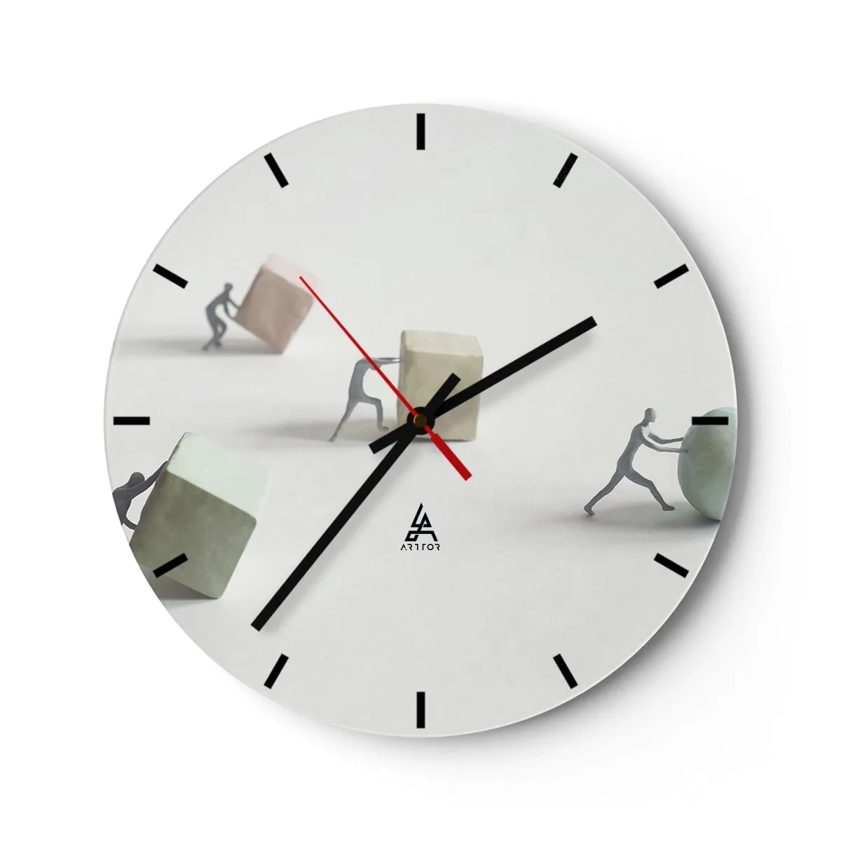 Wall clock - Clock on glass - Figures pushing cubes and a ball symbolizing effort - 30x30cm - That's Life - Modern wall decoration for the living room, kitchen, and bedroom ARTTOR