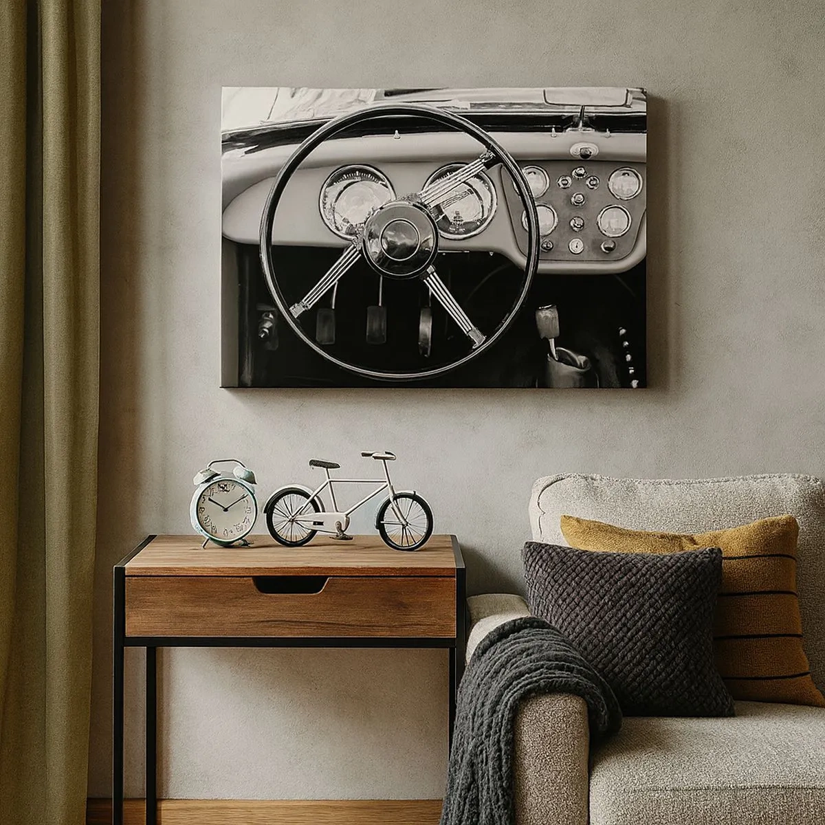 Canvas picture - Black and white classic car interior - 70x50cm - Collector's Dream - Modern wall decoration for the living room and bedroom ARTTOR
