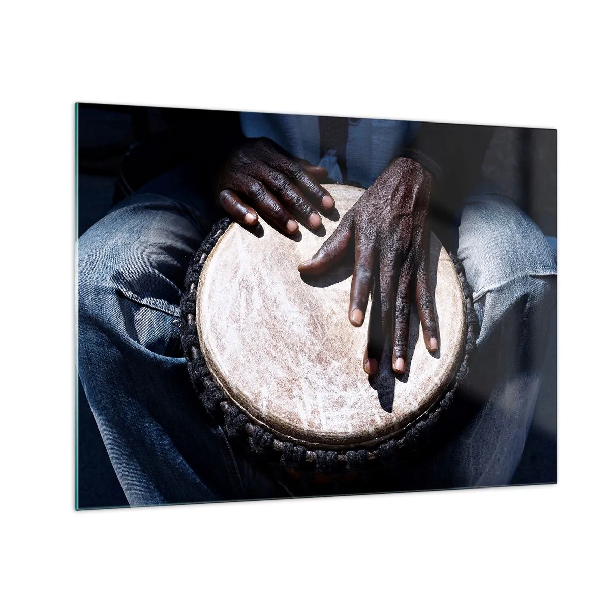 Glass picture - Close-up of hands playing a djembe drum - 70x50cm - Live at Your Own Rhythm - Modern wall decoration for the living room and bedroom ARTTOR