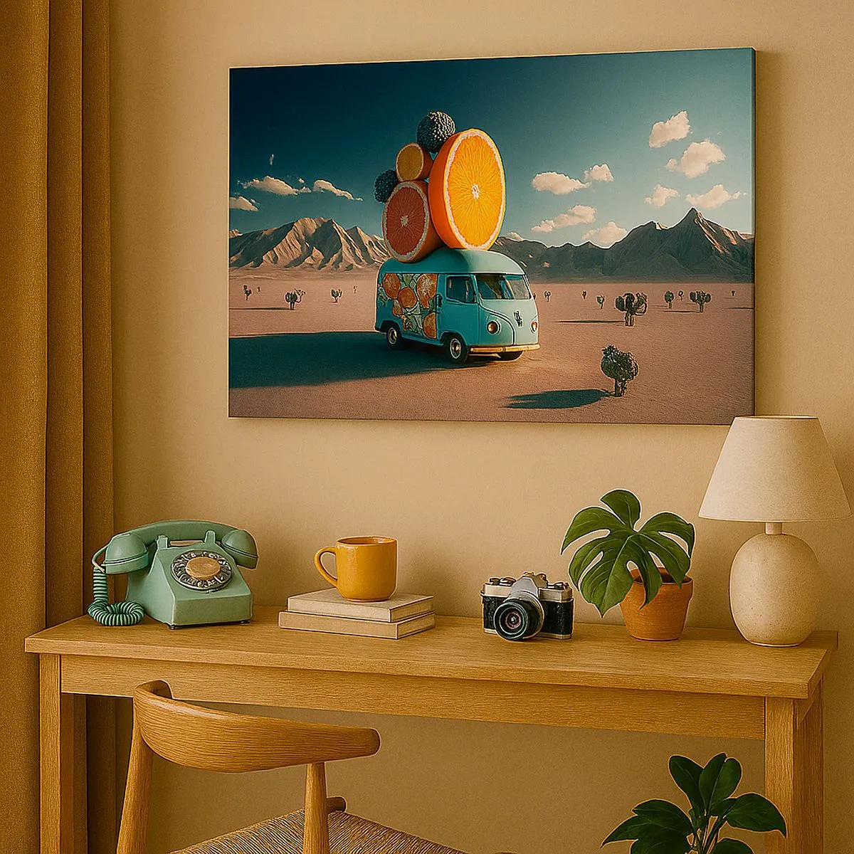 Canvas picture - Fruit truck in a desert landscape - 70x50cm - Taste of Holidays - Modern wall decoration for the living room and bedroom ARTTOR