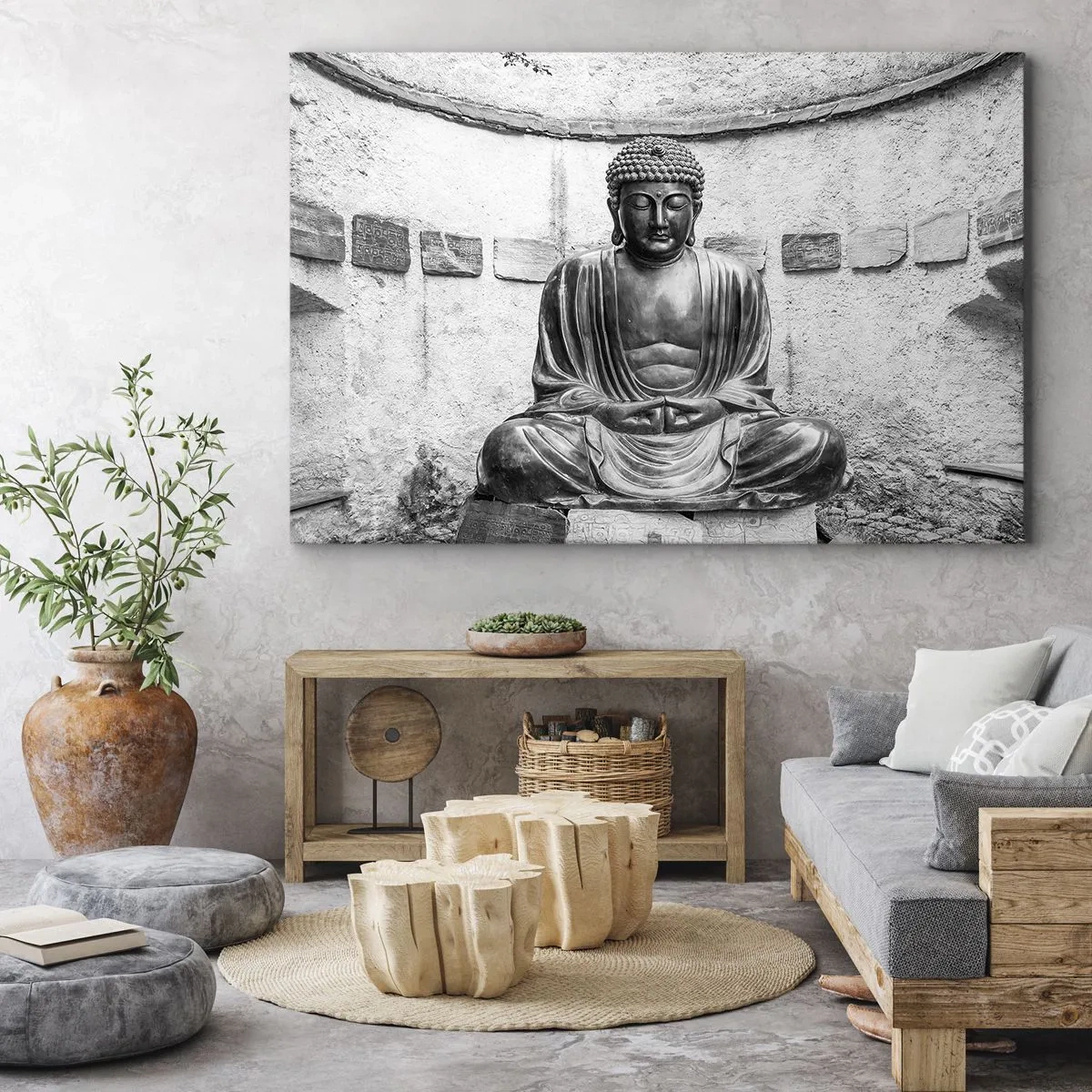 Canvas picture - Black and white Buddha statue in a meditative pose - 70x50cm - At the Source of Peace - Modern wall decoration for the living room and bedroom ARTTOR
