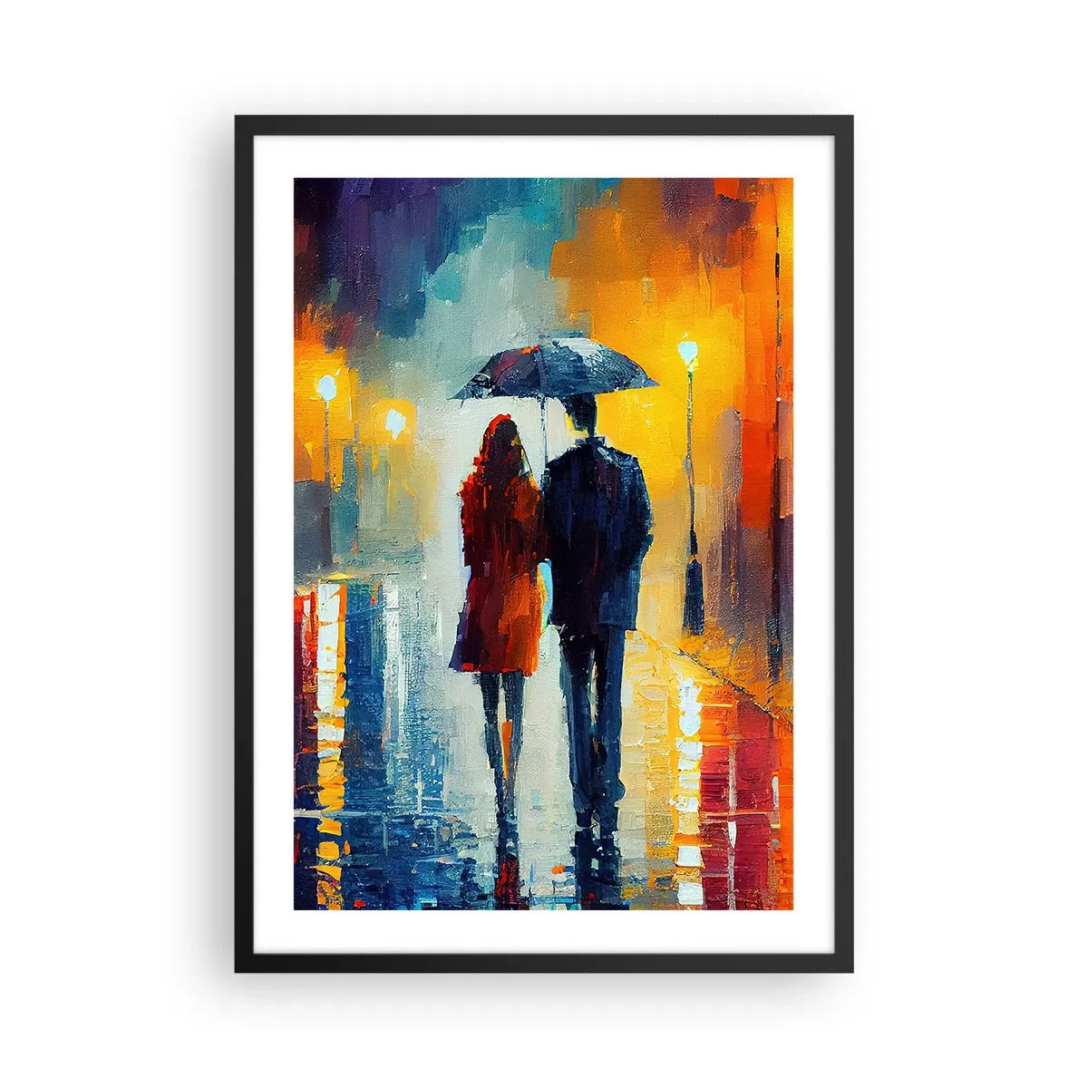 Poster in black frame - A couple with an umbrella in the rain, walking down a city street. - 50x70cm - Together - Colourful Night - Modern wall decoration for the living room and bedroom ARTTOR