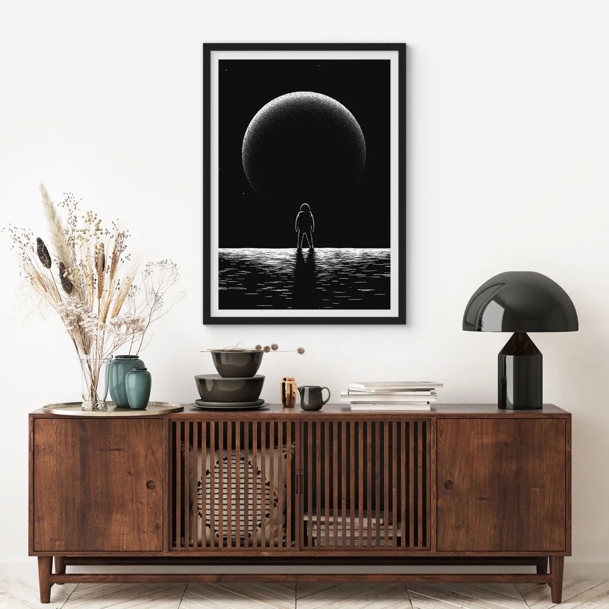 Poster in black frame - An astronaut against the backdrop of a huge planet in space - 50x70cm - Face to Face - Modern wall decoration for the living room and bedroom ARTTOR