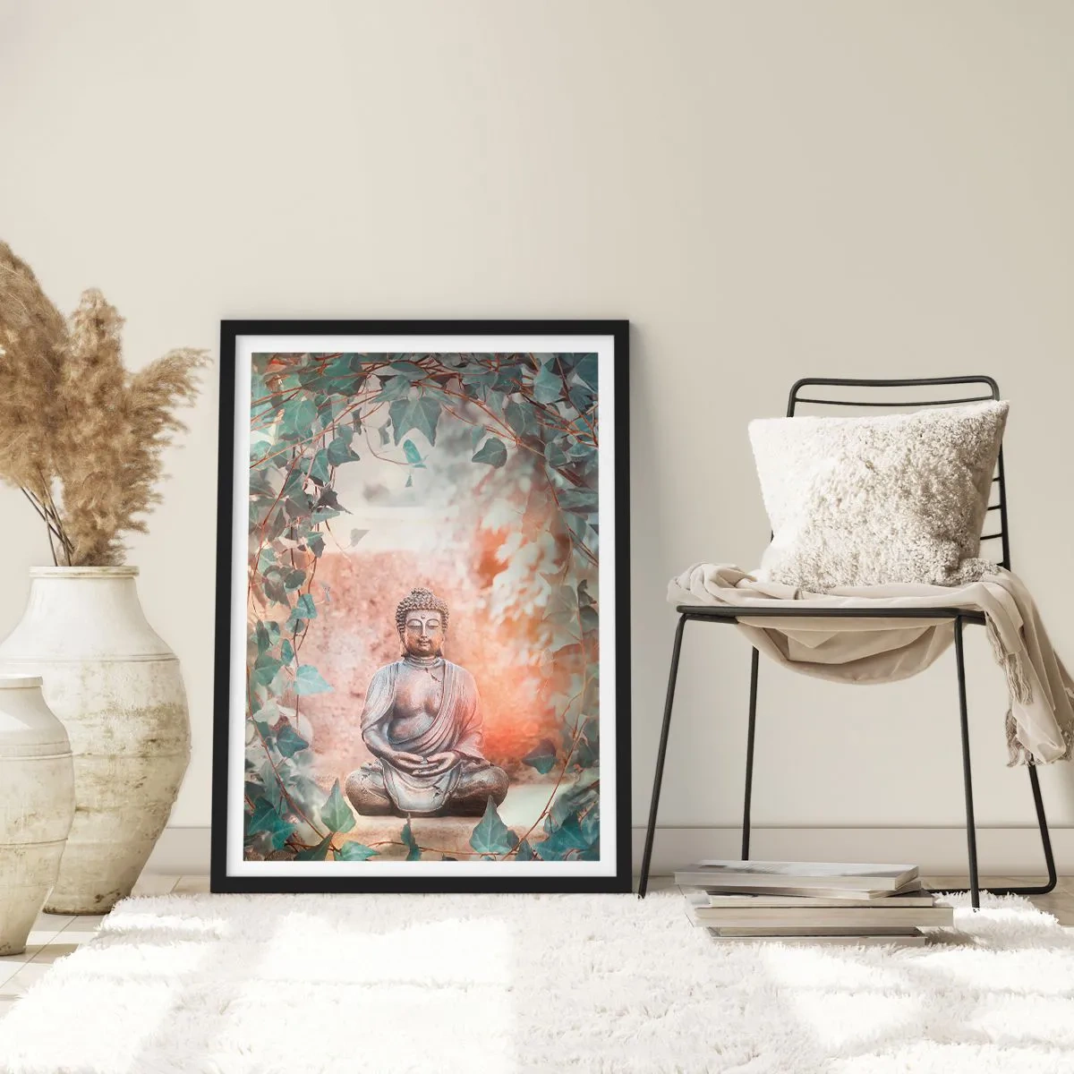 Poster in black frame - A Buddha statue surrounded by ivy in a meditative aura - 50x70cm - Joyful Harmony - Modern wall decoration for the living room and bedroom ARTTOR