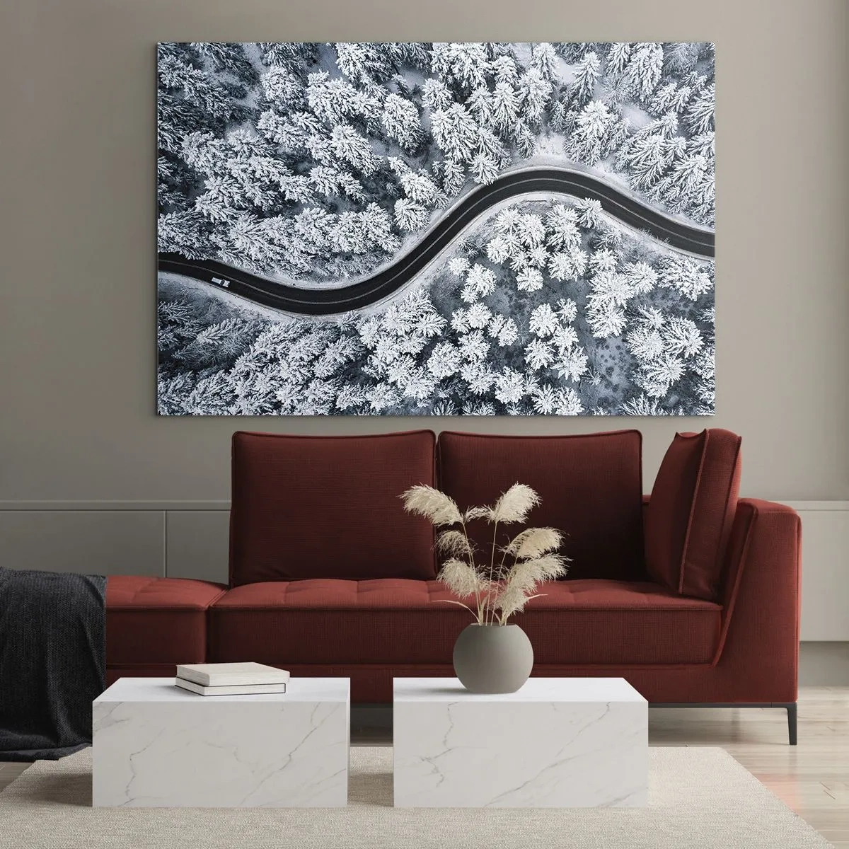 Glass picture - A winding road through a winter forest seen from a drone - 70x50cm - Through Wintery Forest - Modern wall decoration for the living room and bedroom ARTTOR