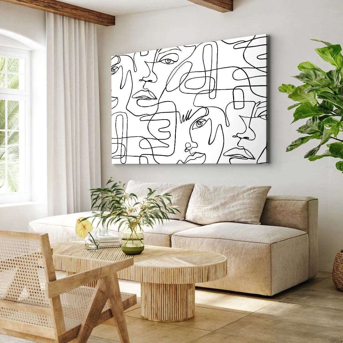 Canvas picture - A minimalist drawing of a face with lines on a light background. - 70x50cm - Tangled up in Emotions - Modern wall decoration for the living room and bedroom ARTTOR