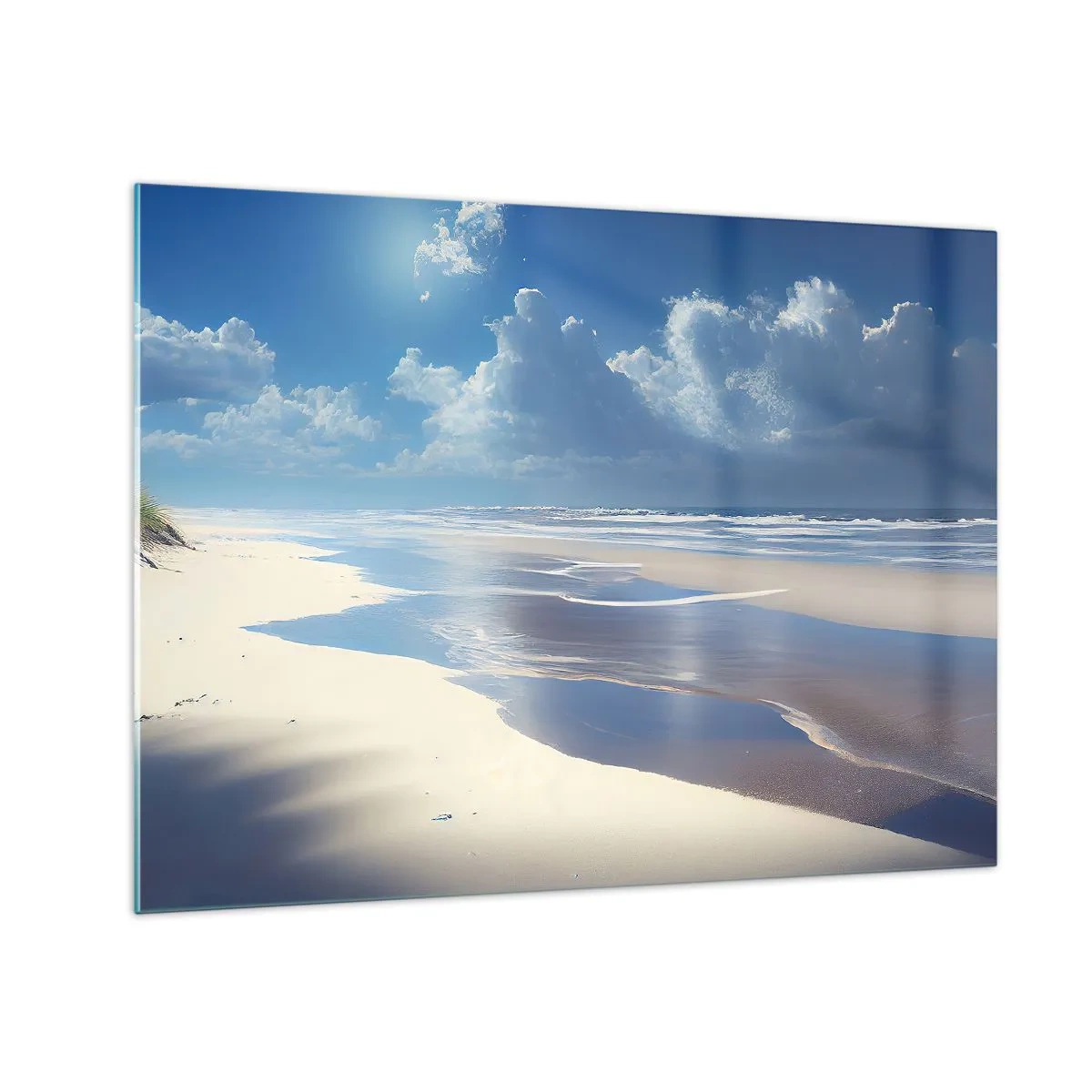 Glass picture - A wide, sandy beach and calm waves under a blue sky - 70x50cm - Paradise Holiday - Modern wall decoration for the living room and bedroom ARTTOR