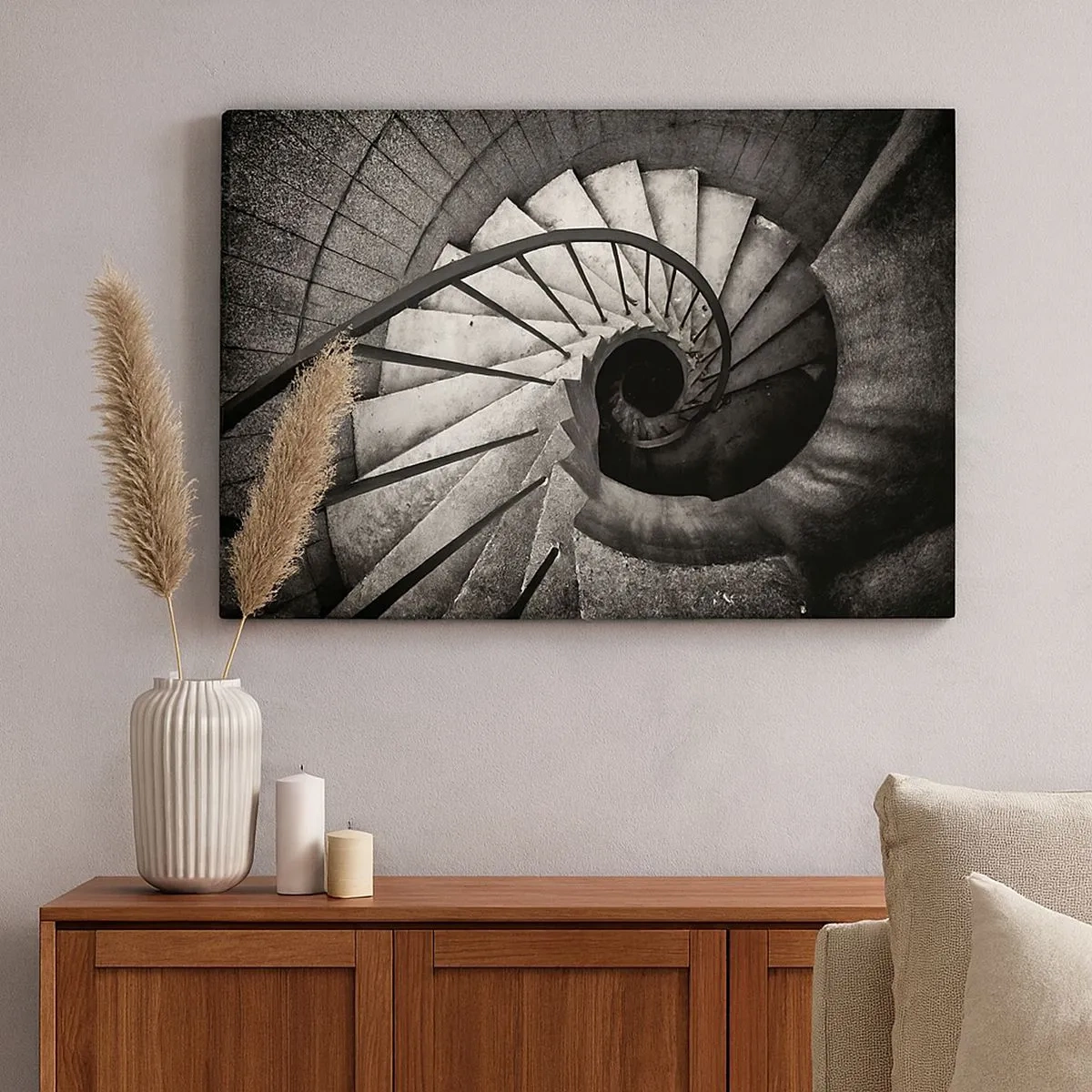 Canvas picture - Black and white spiral staircase in a modern style - 70x50cm - Up the Stairs and Down the Stairs - Modern wall decoration for the living room and bedroom ARTTOR