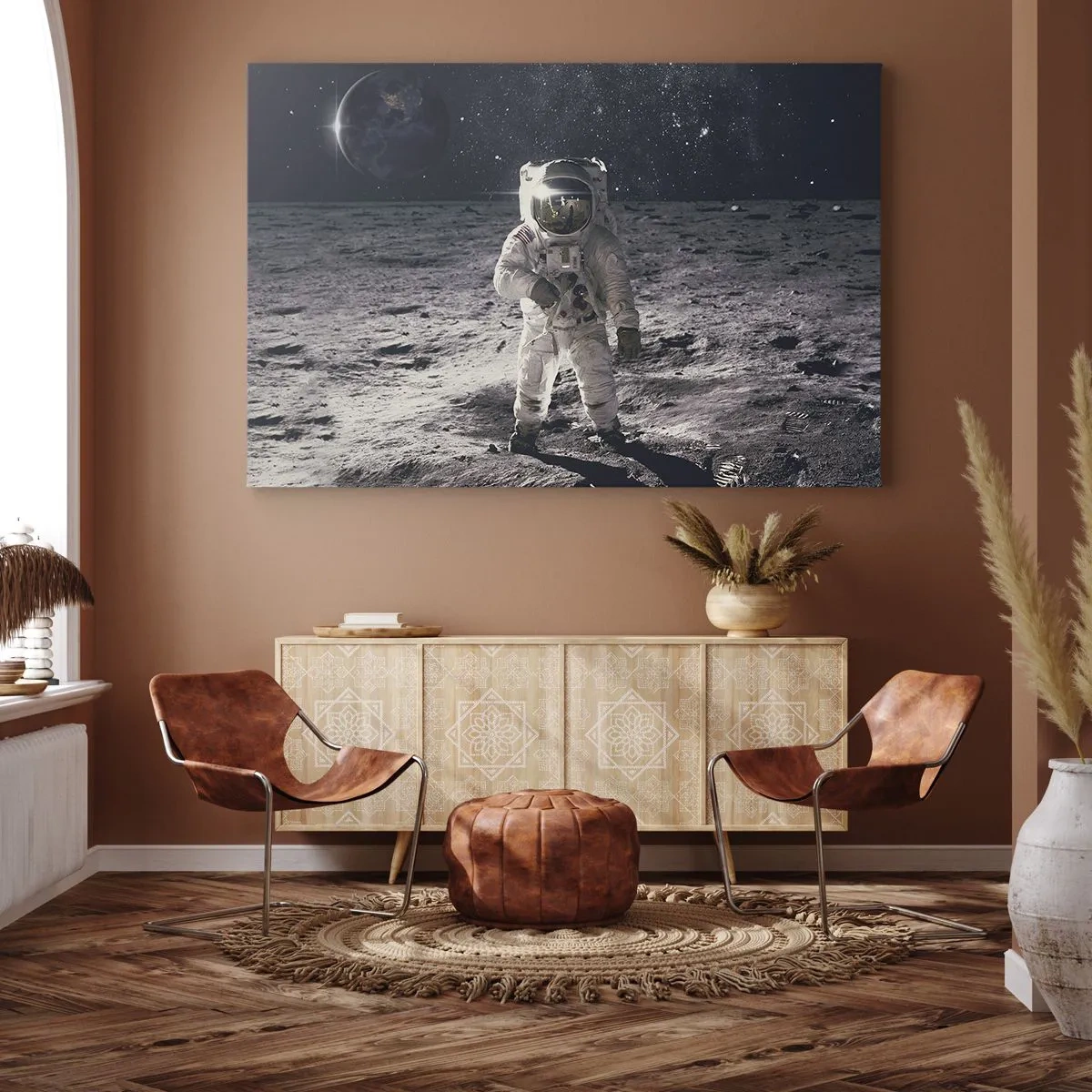 Canvas picture - Astronaut on the surface of the Moon with Earth in the background - 70x50cm - Greetings from the Moon - Modern wall decoration for the living room and bedroom ARTTOR