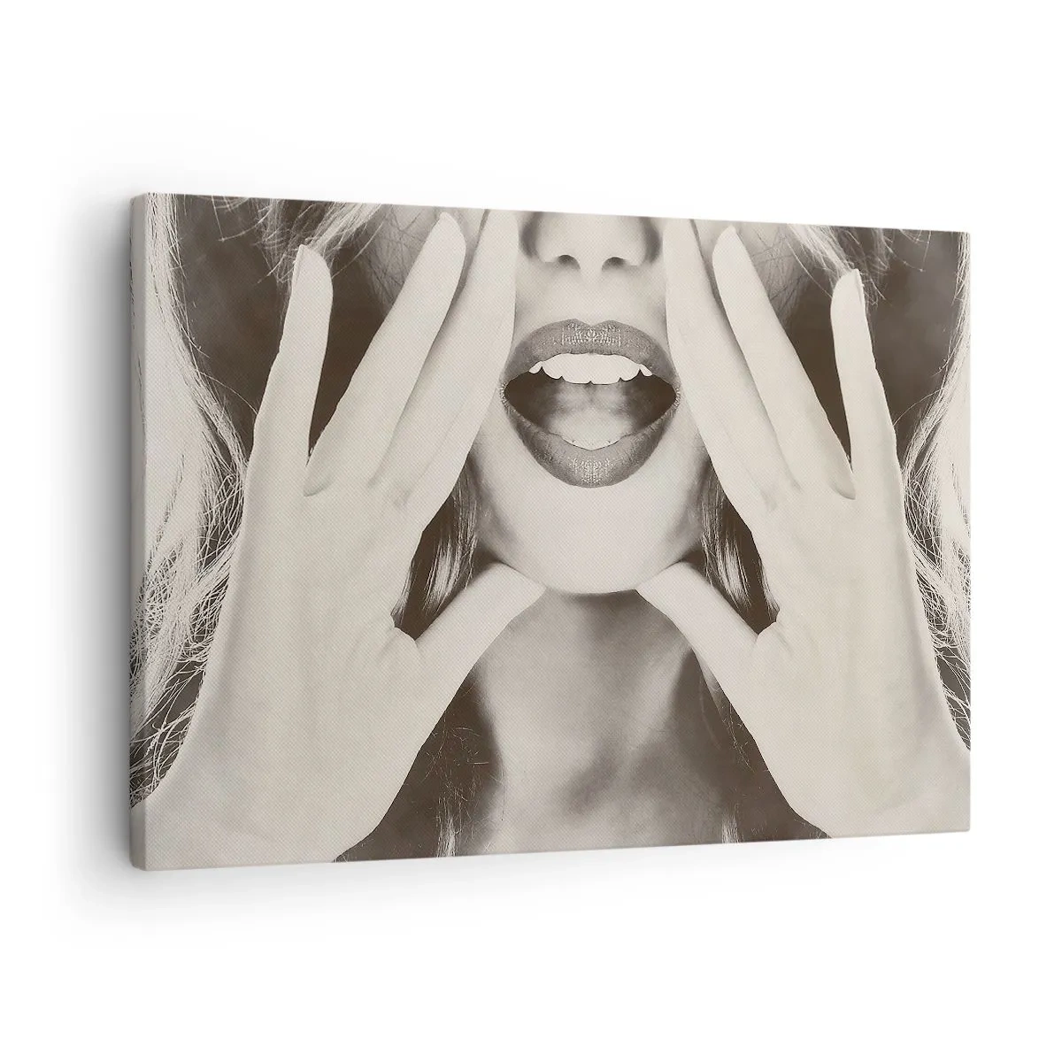 Canvas picture - Black and white portrait of a woman with expressive lips and hands - 70x50cm - Coming! - Modern wall decoration for the living room and bedroom ARTTOR