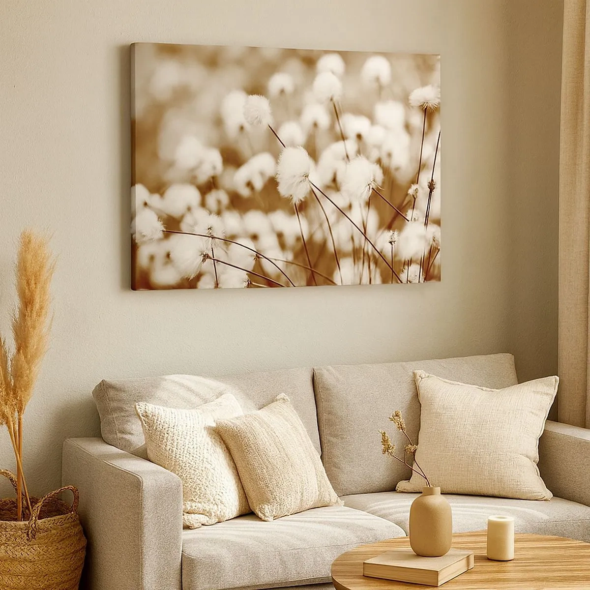Canvas picture - A field of delicate sepia-toned plants - 70x50cm - Fluffy field - Modern wall decoration for the living room and bedroom ARTTOR