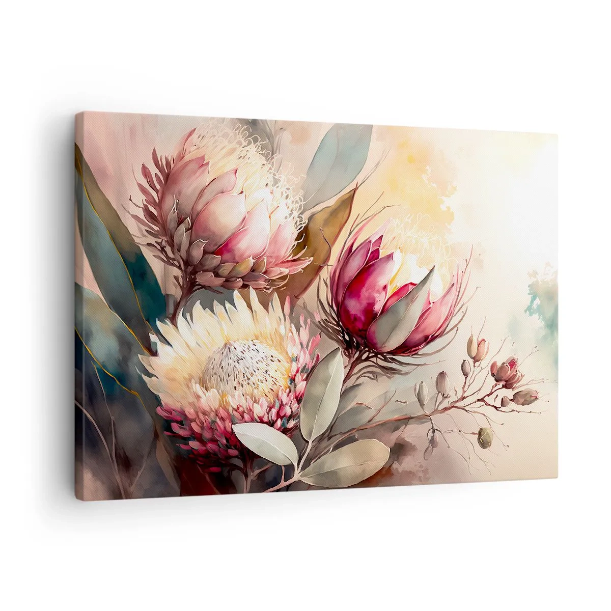 Canvas picture - Protea flowers in delicate pastel shades - 70x50cm - Profile and En Face - Modern wall decoration for the living room and bedroom ARTTOR