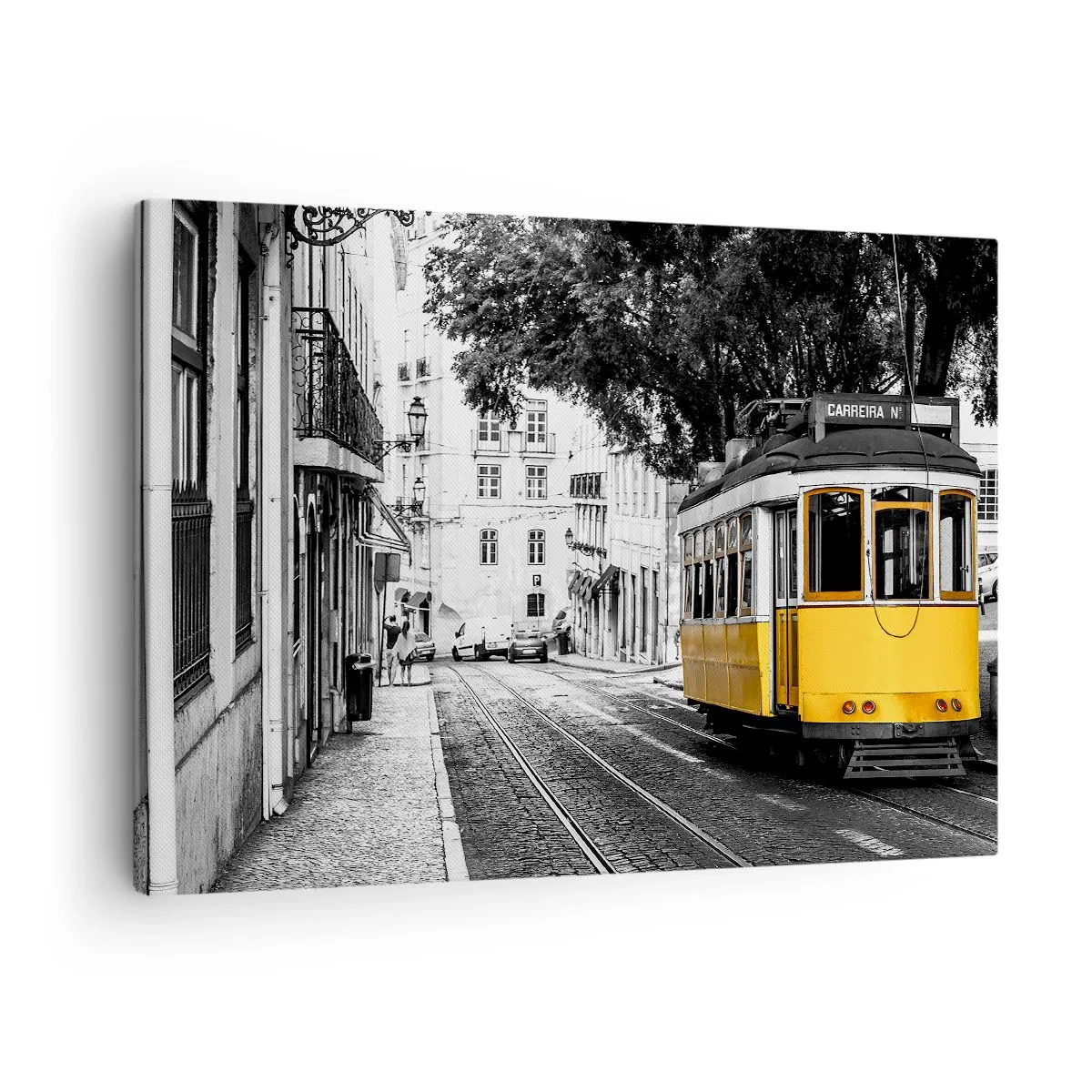 Canvas picture - A yellow tram against the backdrop of a black-and-white street - 70x50cm - With Fado in the Background - Modern wall decoration for the living room and bedroom ARTTOR