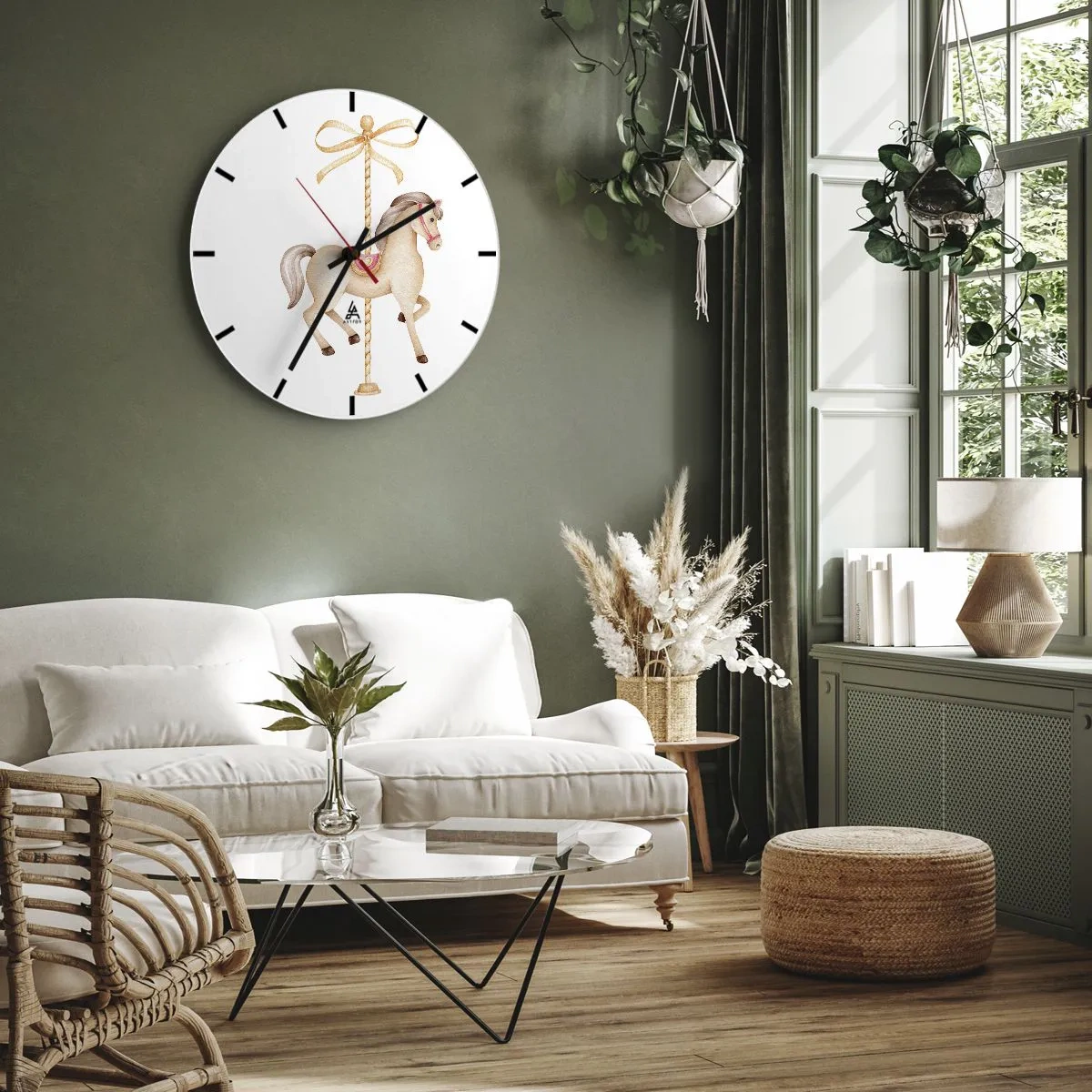 Wall clock - Clock on glass - A light brown carousel horse on a background with a decorative bow - 30x30cm - Graceful Trot - Modern wall decoration for the living room, kitchen, and bedroom ARTTOR