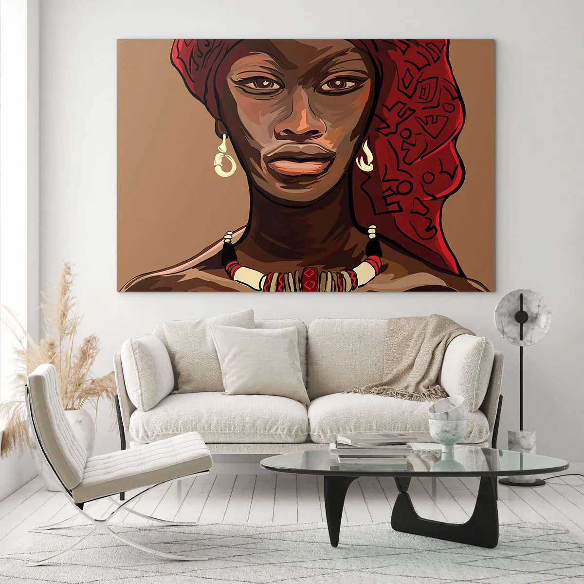 Glass picture - Stylized portrait of a woman in a red turban with jewelry. - 70x50cm - Ebony Venus - Modern wall decoration for the living room and bedroom ARTTOR