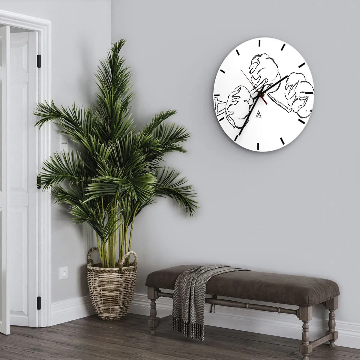 Wall clock - Clock on glass - Black and white sketch of a cotton branch on a white background - 30x30cm - Cotton Fluff - Modern wall decoration for the living room, kitchen, and bedroom ARTTOR