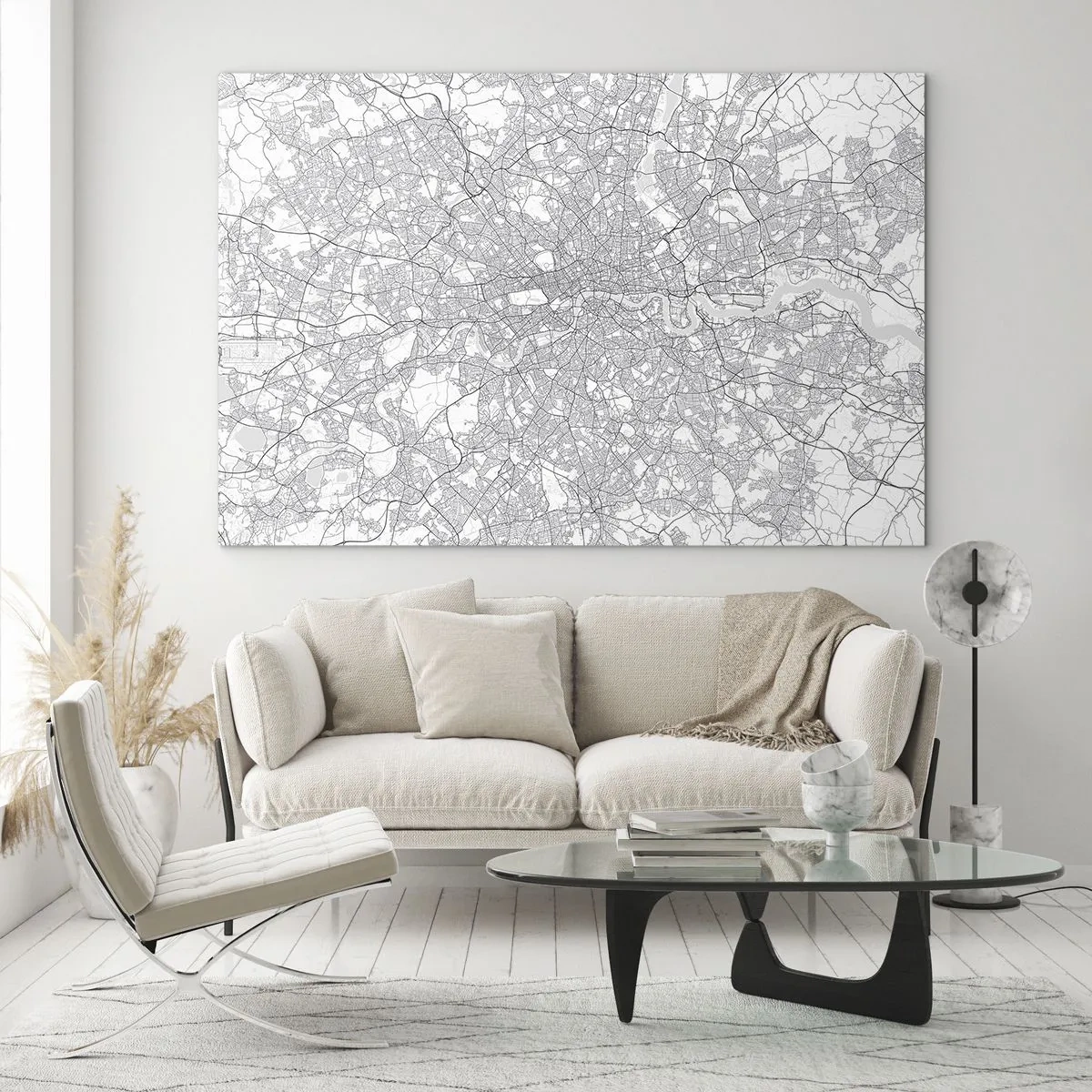 Glass picture - A black and white map with a dense street grid in a minimalist style. - 70x50cm - Map of London Maze - Modern wall decoration for the living room and bedroom ARTTOR