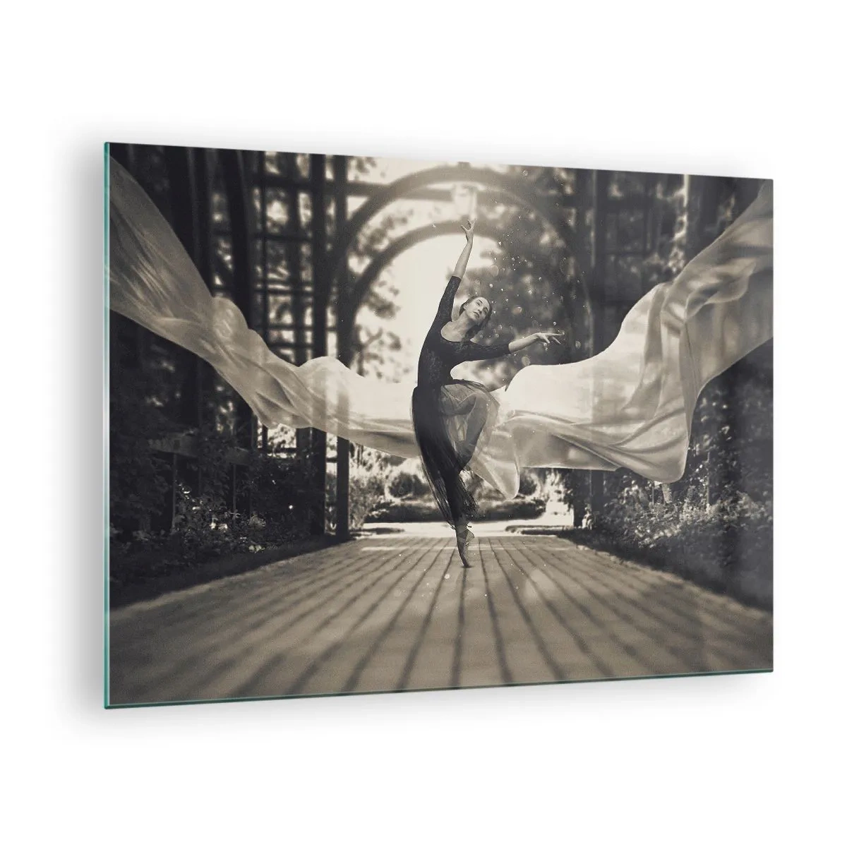 Glass picture - A dancer in motion against a garden background in black and white. - 70x50cm - Dance of the Garden Spirit - Modern wall decoration for the living room and bedroom ARTTOR