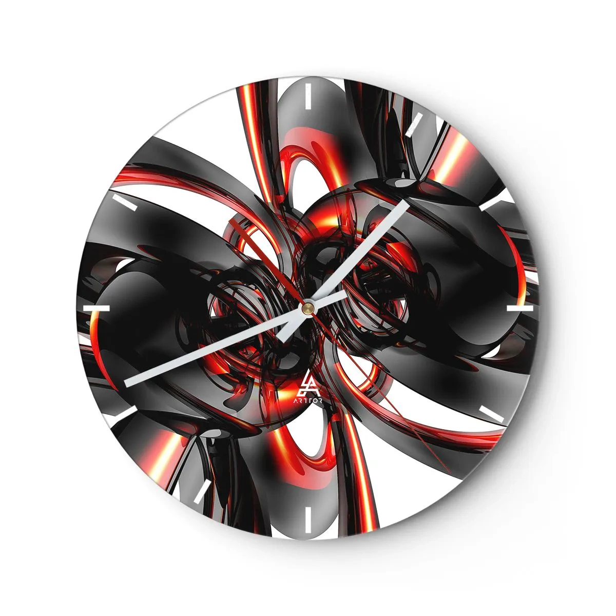 Wall clock - Clock on glass - Abstract pattern with red and black shapes - 30x30cm - Movement in Graphite and Red - Modern wall decoration for the living room, kitchen, and bedroom ARTTOR