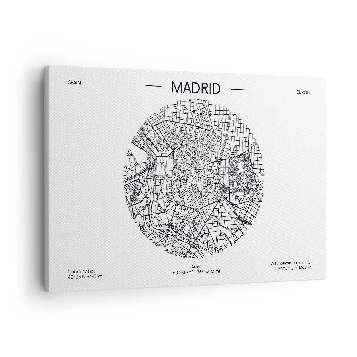 Canvas picture - Map of Madrid in a minimalist black and white style - 70x50cm - Anatomy of Madrid - Modern wall decoration for the living room and bedroom ARTTOR